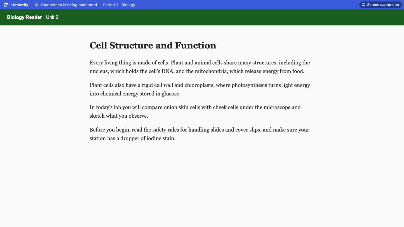 A student's reading page during Period 3 Biology with a solid blue Umbrelly banner across the top reading Your screen is being monitored, Period 3, Biology, and Screen capture on